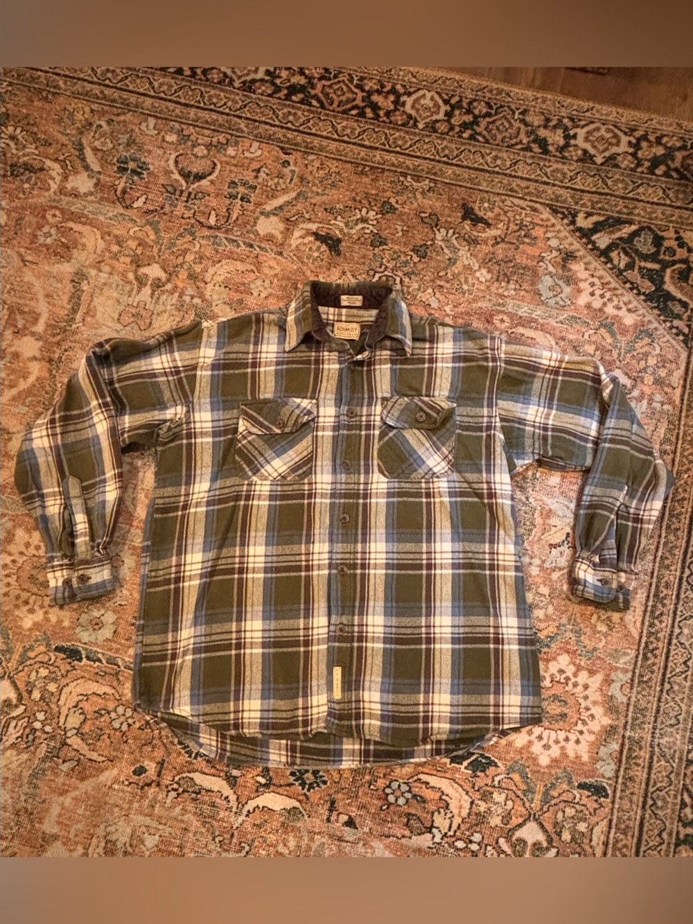 Vintage C.E. Schmidt Men's Olive Plaid Flannel Button-Up- Large